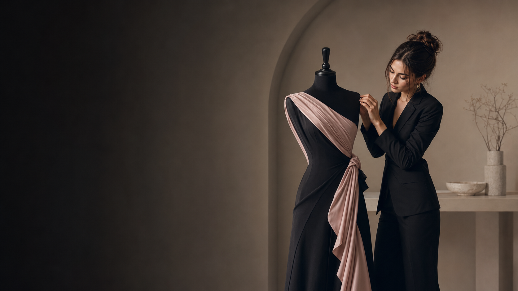 Diseñadora trabajando sobre un maniquí de costura