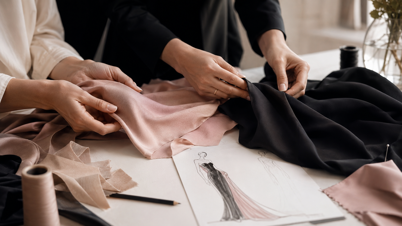 Confección artesanal de un diseño negro y rosa